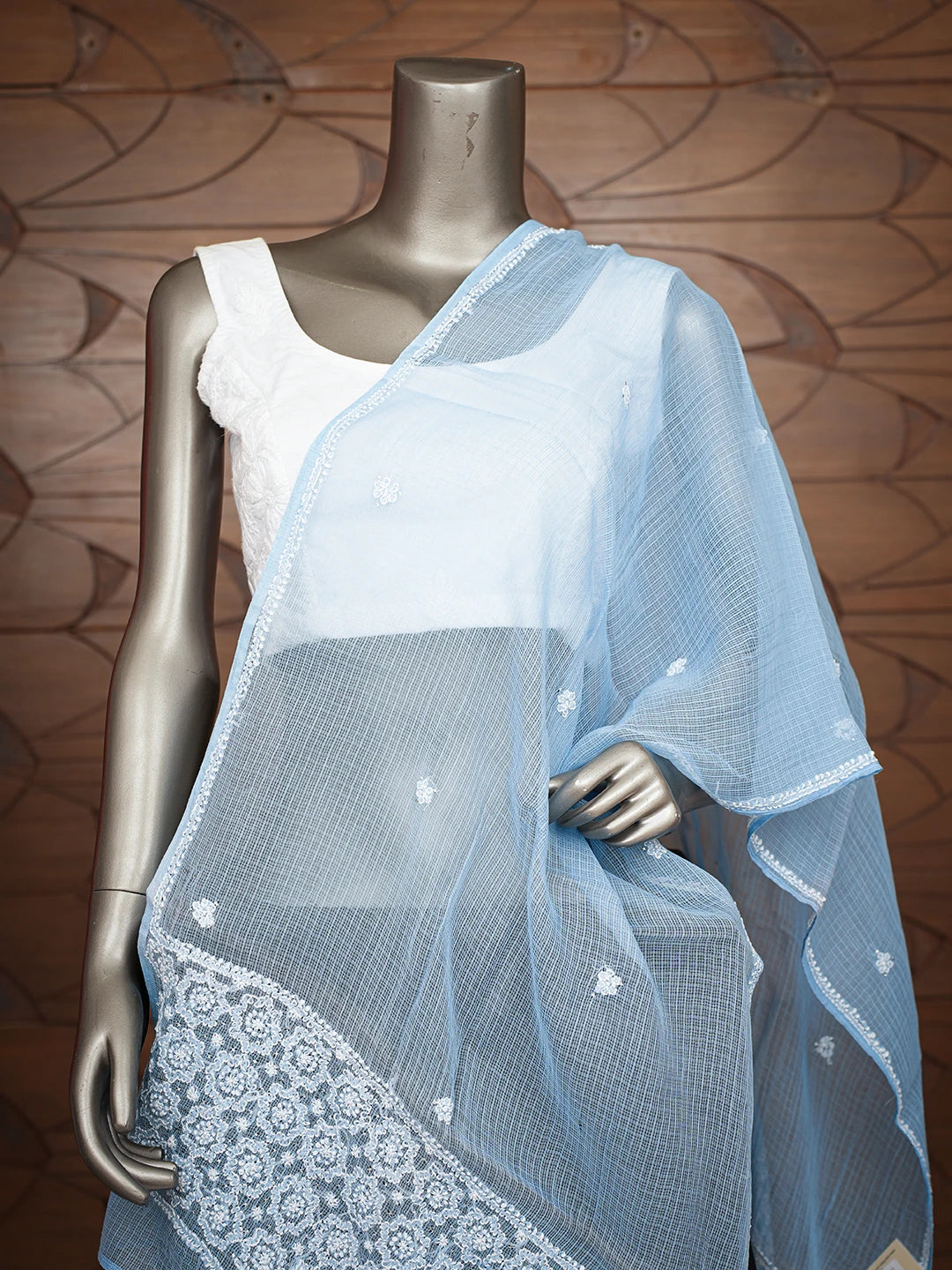 Ada Hand Embroidered Light Blue Kota Lucknowi Chikankari Stole With Muqaish Work 01A758901