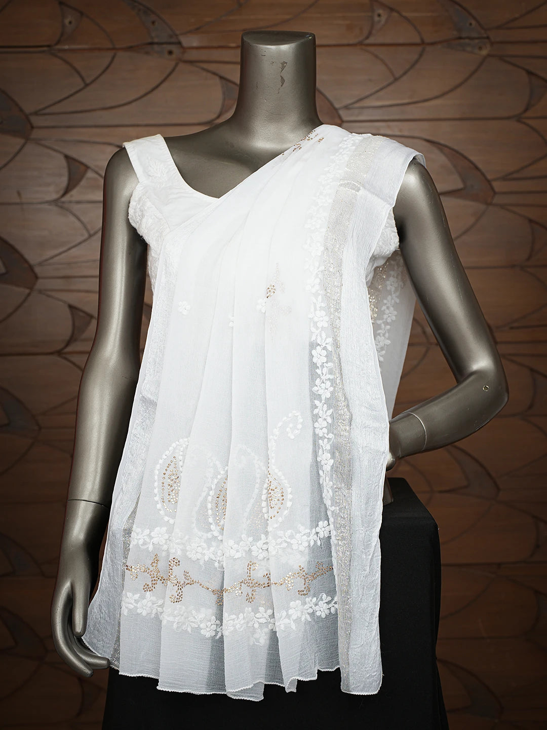 Ada Hand Embroidered White Chiffon Lucknowi Chikankari Dupatta With Mukaish Work 01A600883