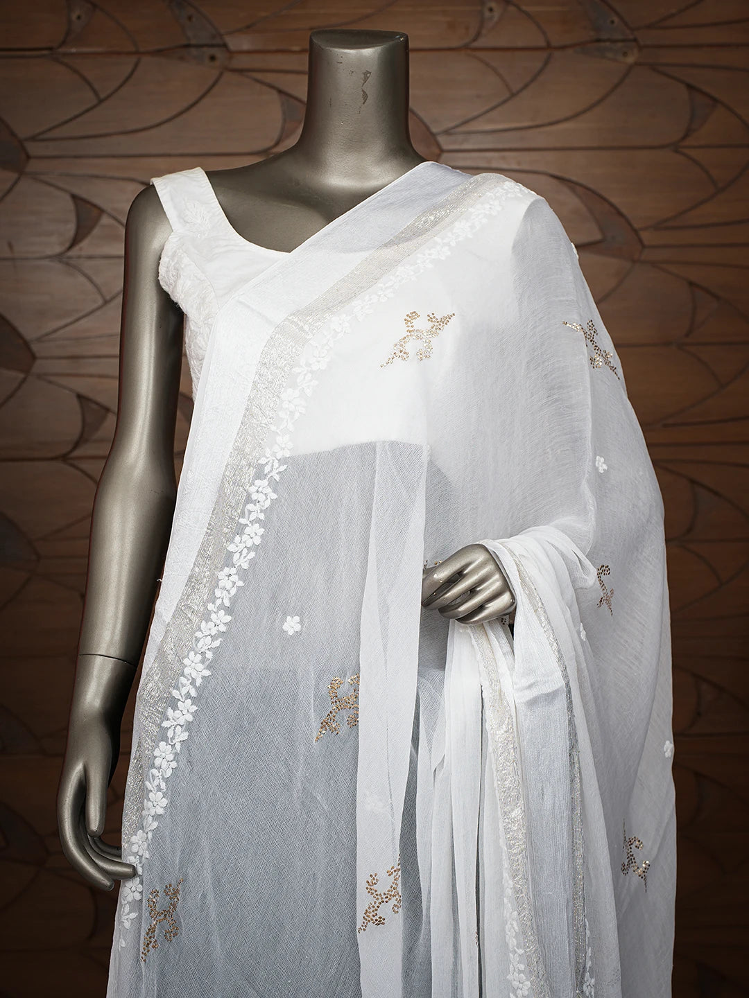 Ada Hand Embroidered White Chiffon Lucknowi Chikankari Dupatta With Mukaish Work 01A600883