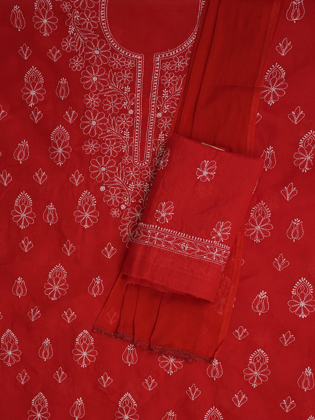 Ada Hand Embroidered Red Cotton Lucknowi Chikankari Unstitched Suit Piece 01A787336