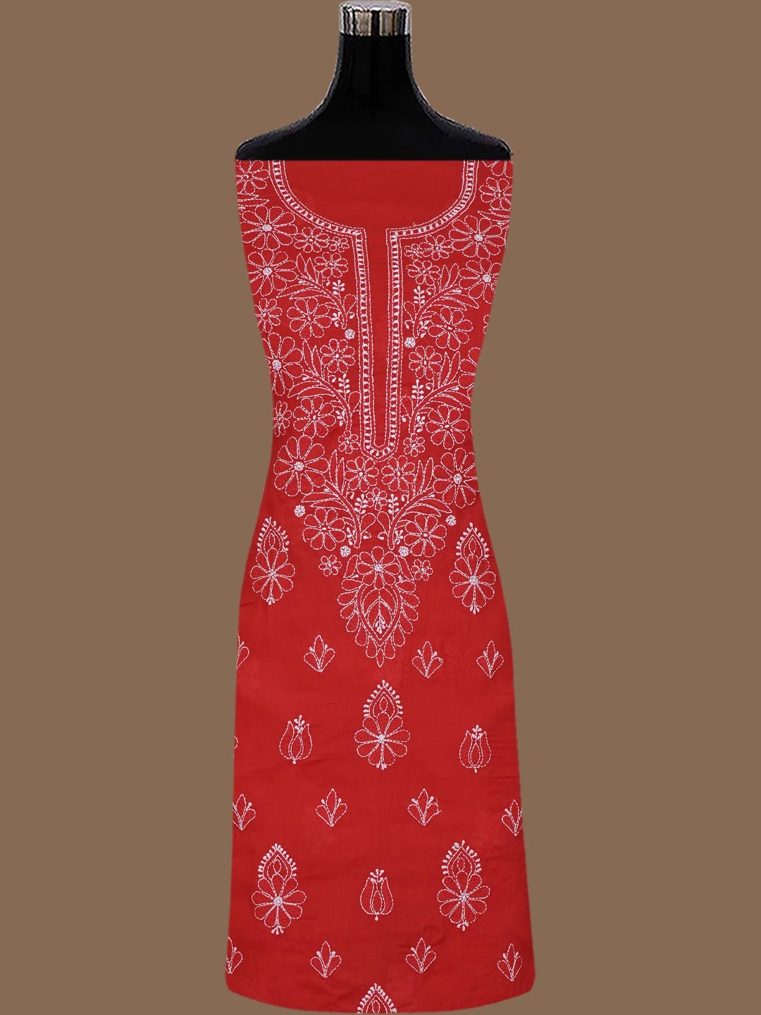 Ada Hand Embroidered Red Cotton Lucknowi Chikankari Unstitched Suit Piece 01A787336