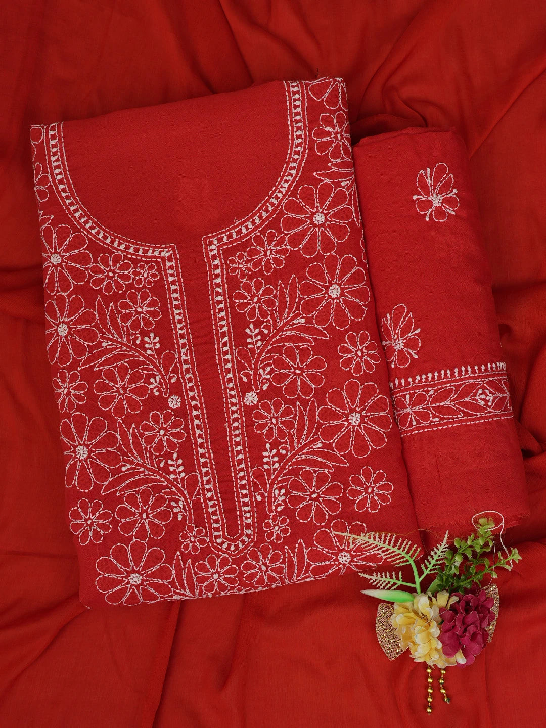 Ada Hand Embroidered Red Cotton Lucknowi Chikankari Unstitched Suit Piece 01A787336