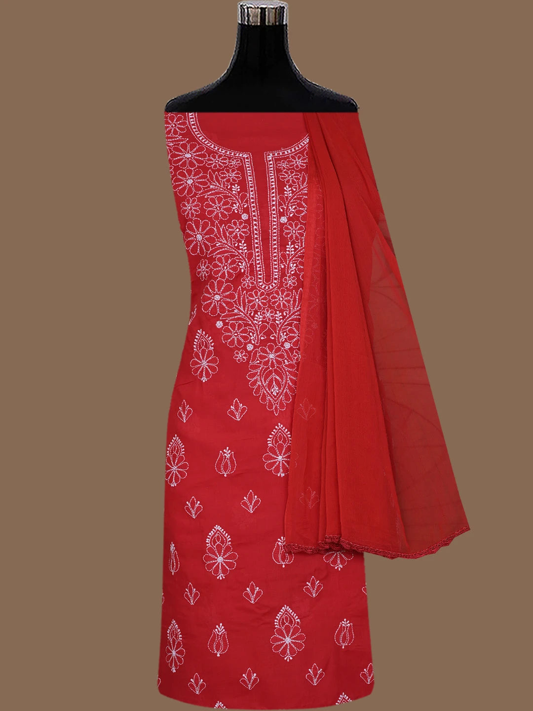 Ada Hand Embroidered Red Cotton Lucknowi Chikankari Unstitched Suit Piece 01A787336