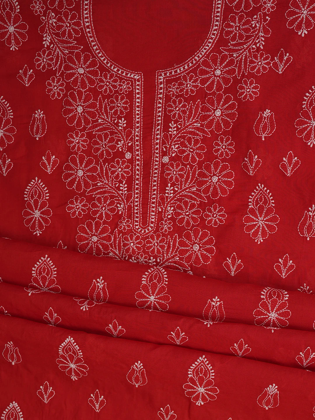 Ada Hand Embroidered Red Cotton Lucknowi Chikankari Unstitched Suit Piece 01A787336