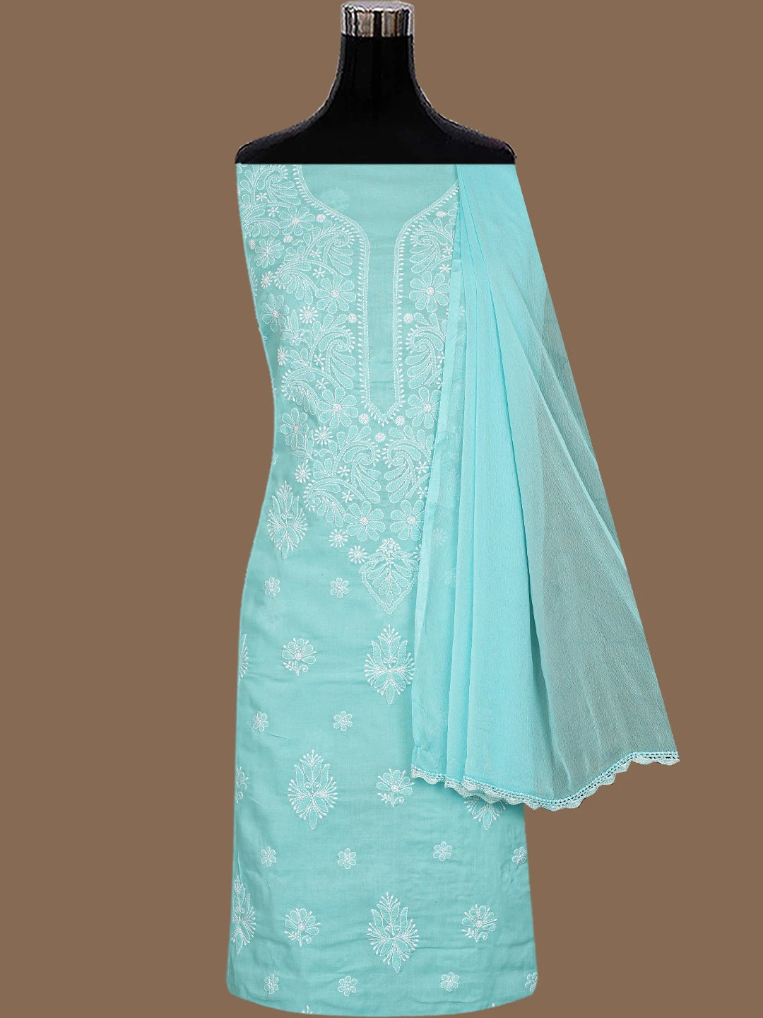 Ada Hand Embroidered Sky Blue Cotton Lucknowi Chikankari Unstitched Suit Piece 01A787342