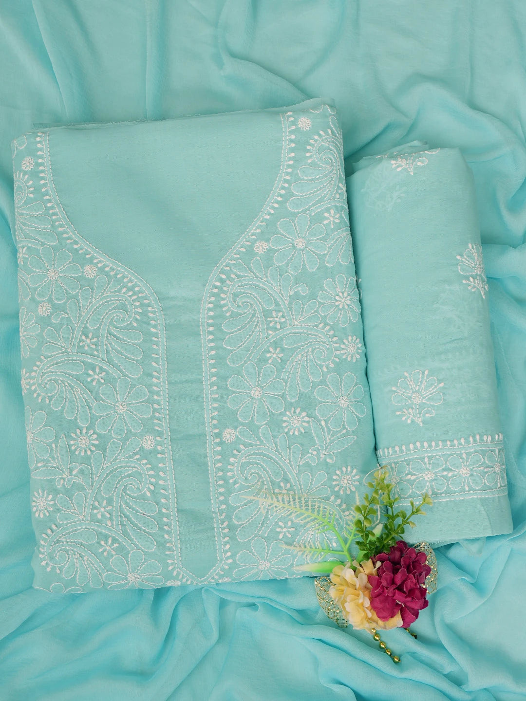 Ada Hand Embroidered Sky Blue Cotton Lucknowi Chikankari Unstitched Suit Piece 01A787342