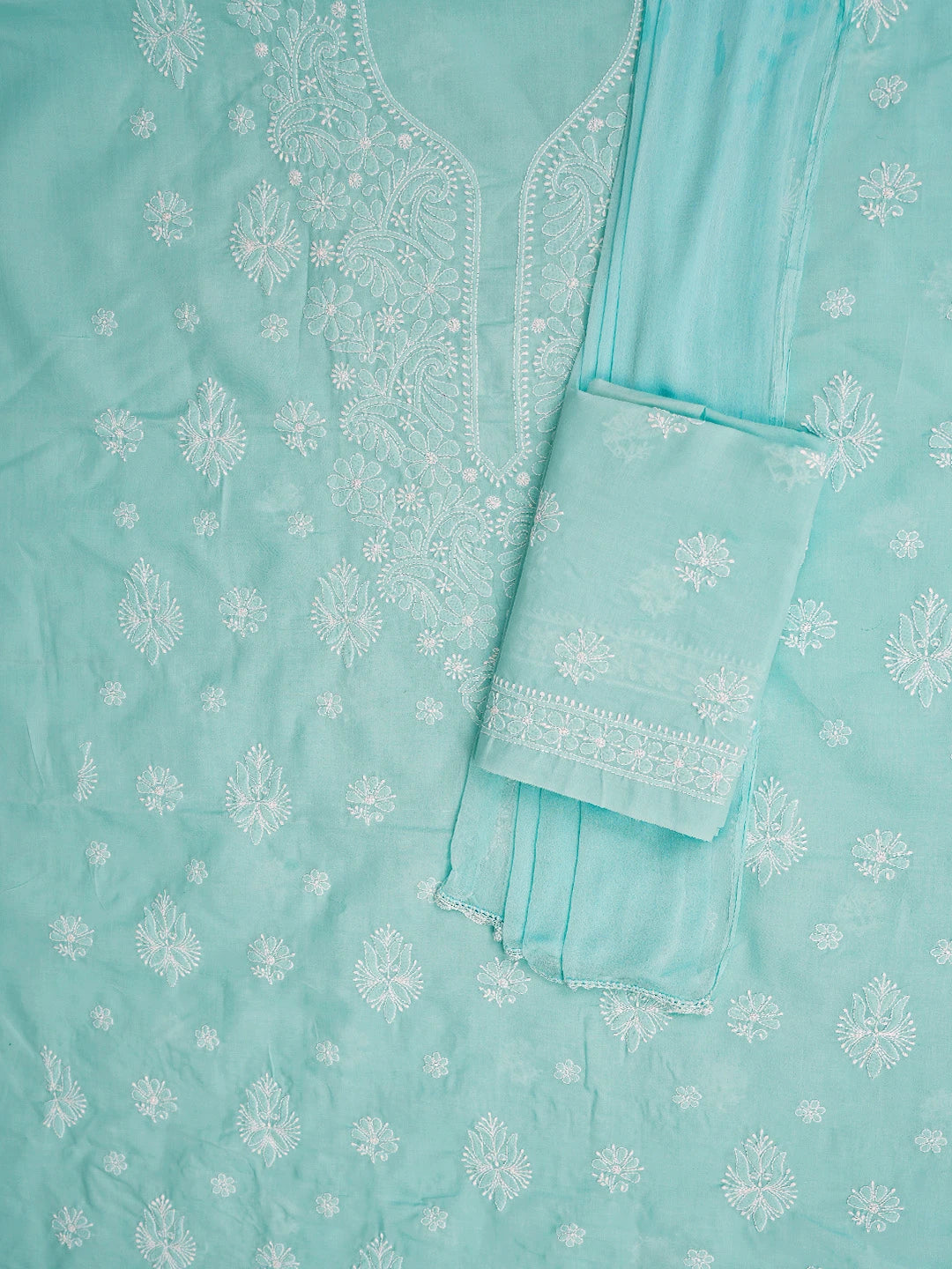 Ada Hand Embroidered Sky Blue Cotton Lucknowi Chikankari Unstitched Suit Piece 01A787342