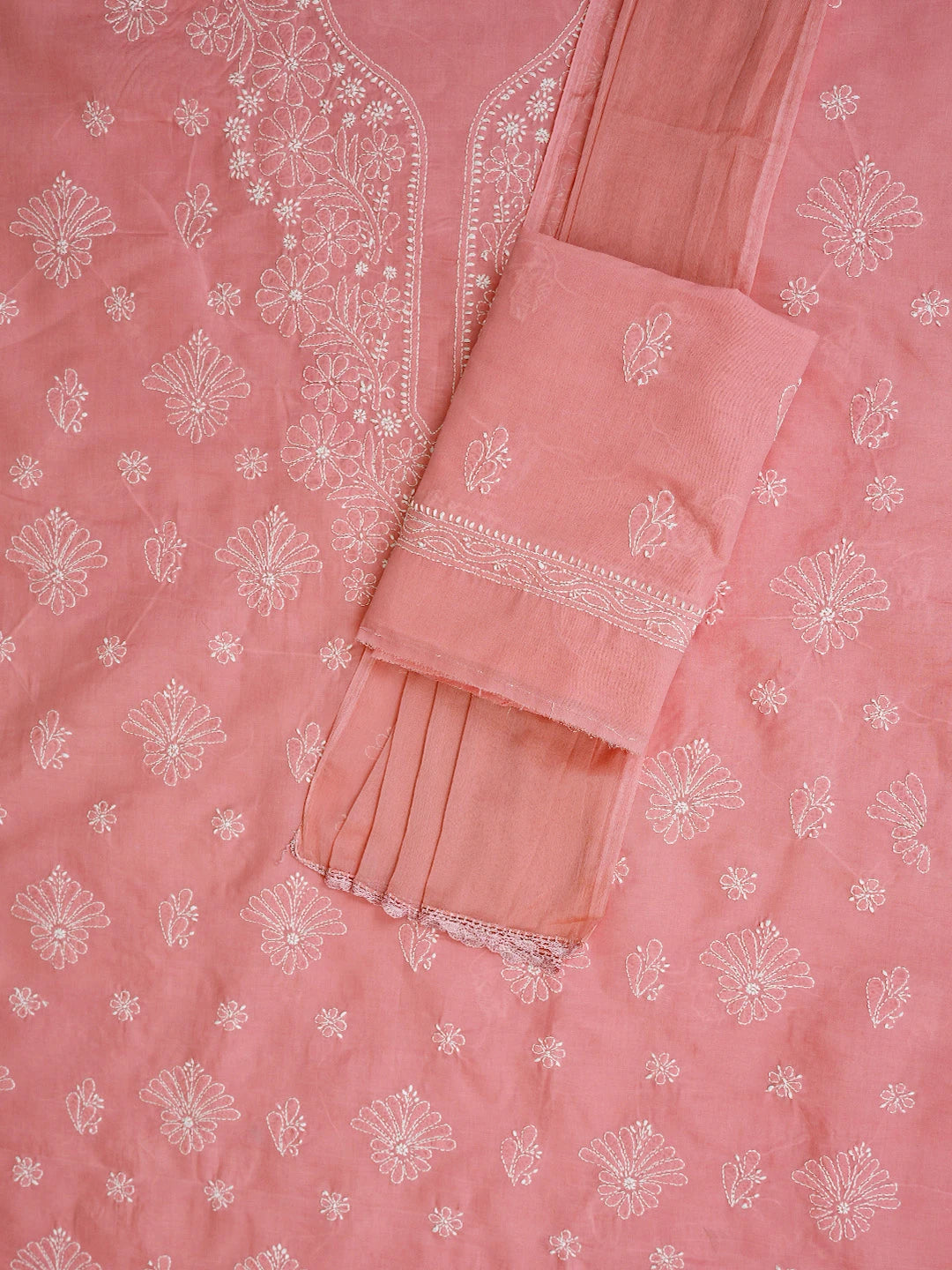 Ada Hand Embroidered Peach Cotton Lucknowi Chikankari Unstitched Suit Piece 01A787358