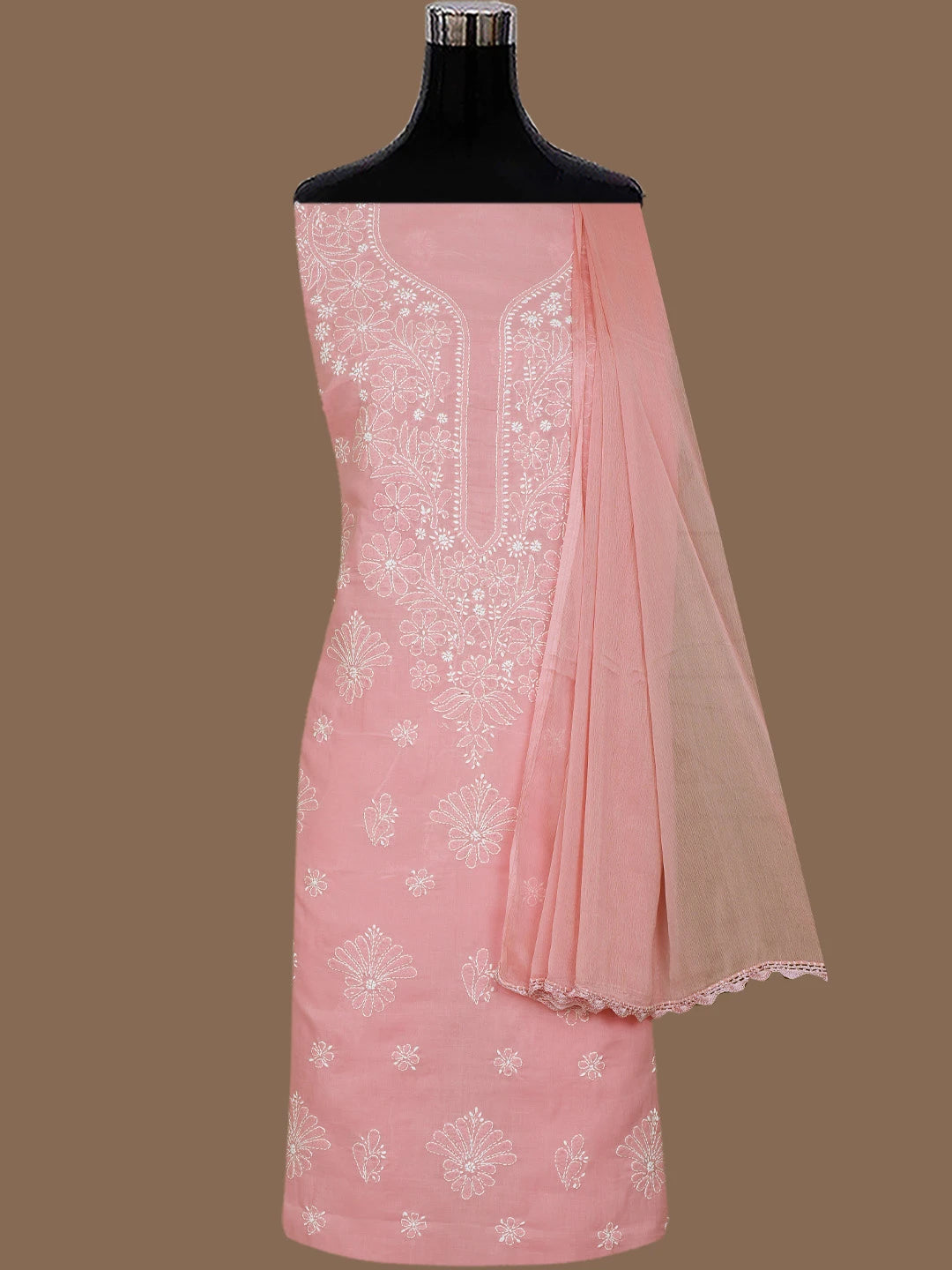 Ada Hand Embroidered Peach Cotton Lucknowi Chikankari Unstitched Suit Piece 01A787358