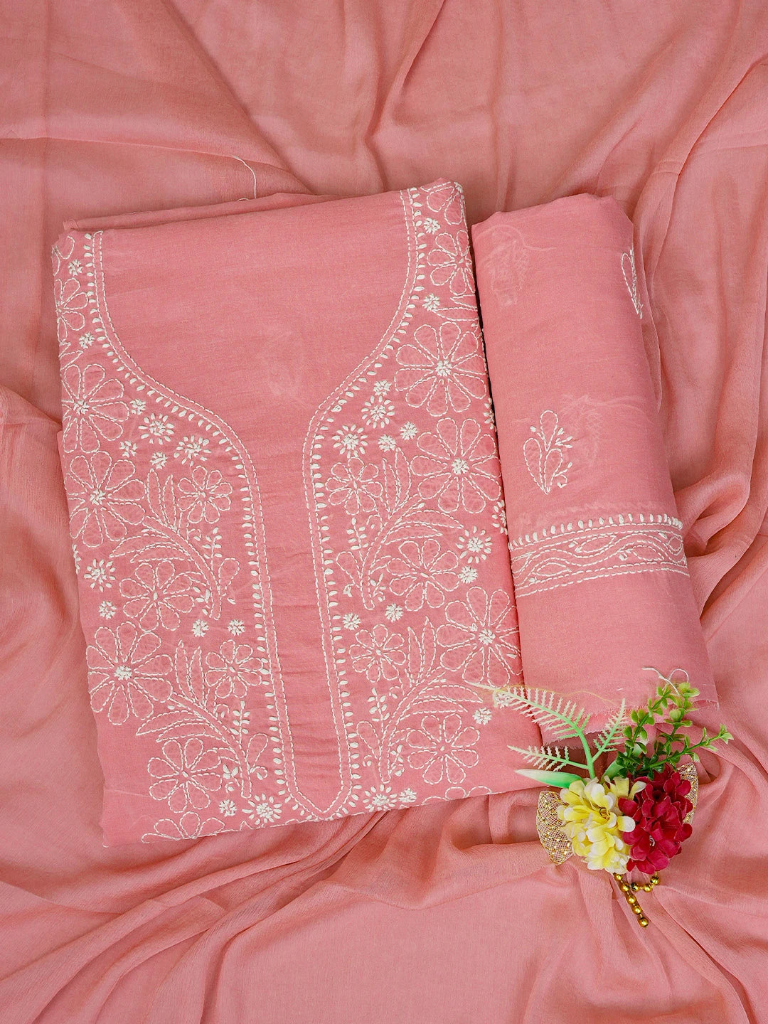 Ada Hand Embroidered Peach Cotton Lucknowi Chikankari Unstitched Suit Piece 01A787358