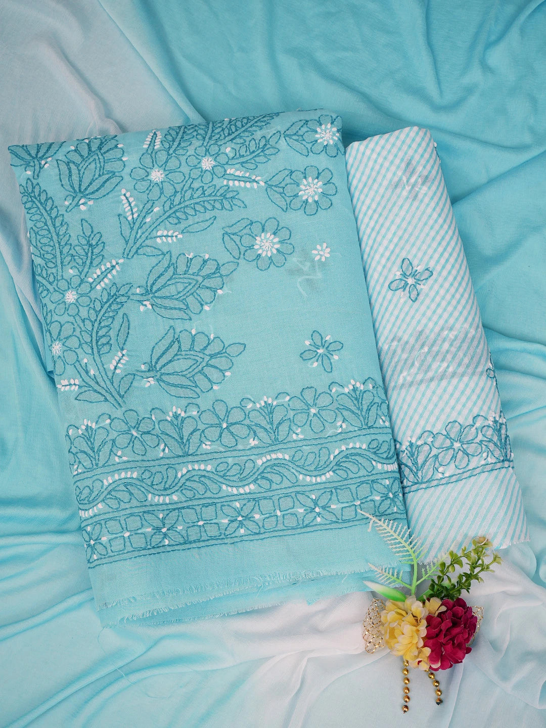 Ada Hand Embroidered Sky Blue Cotton Lucknowi Chikankari Unstitched Suit Piece 01A786688