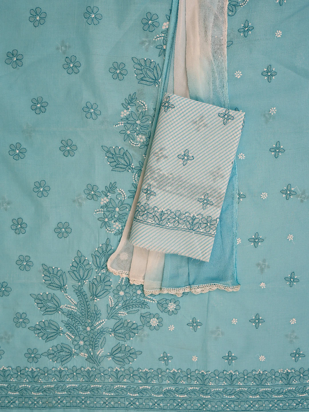 Ada Hand Embroidered Sky Blue Cotton Lucknowi Chikankari Unstitched Suit Piece 01A786688