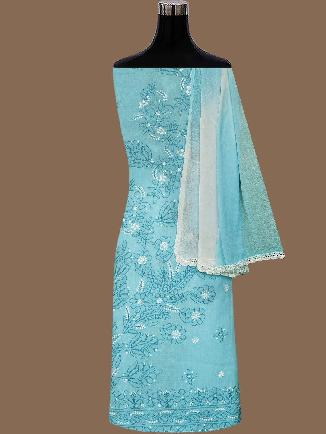 Ada Hand Embroidered Sky Blue Cotton Lucknowi Chikankari Unstitched Suit Piece 01A786688
