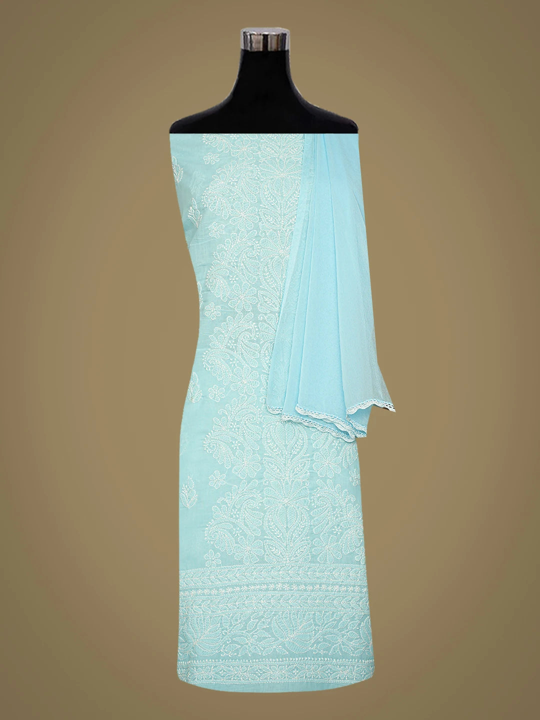 Ada Hand Embroidered Sky Blue Cotton Lucknowi Chikankari Unstitched Suit Piece 01A787263
