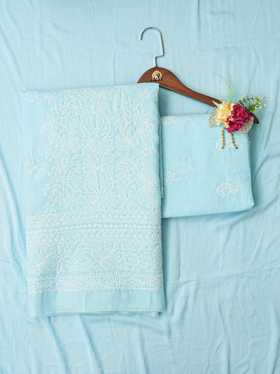 Ada Hand Embroidered Sky Blue Cotton Lucknowi Chikankari Unstitched Suit Piece 01A787263