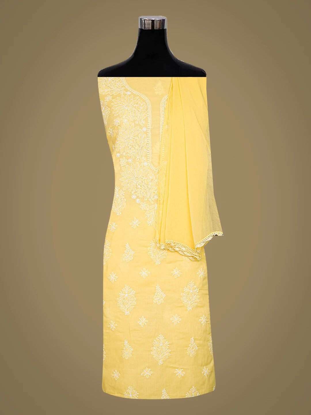 Ada Hand Embroidered Yellow Cotton Lucknowi Chikankari Unstitched Suit Piece 01A787349