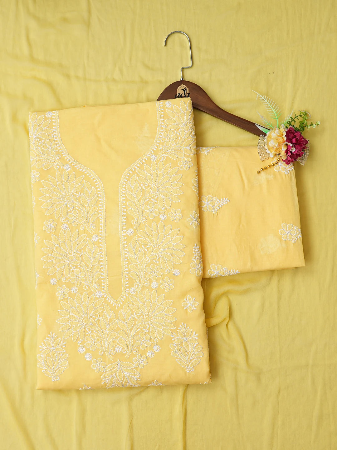Ada Hand Embroidered Yellow Cotton Lucknowi Chikankari Unstitched Suit Piece 01A787349