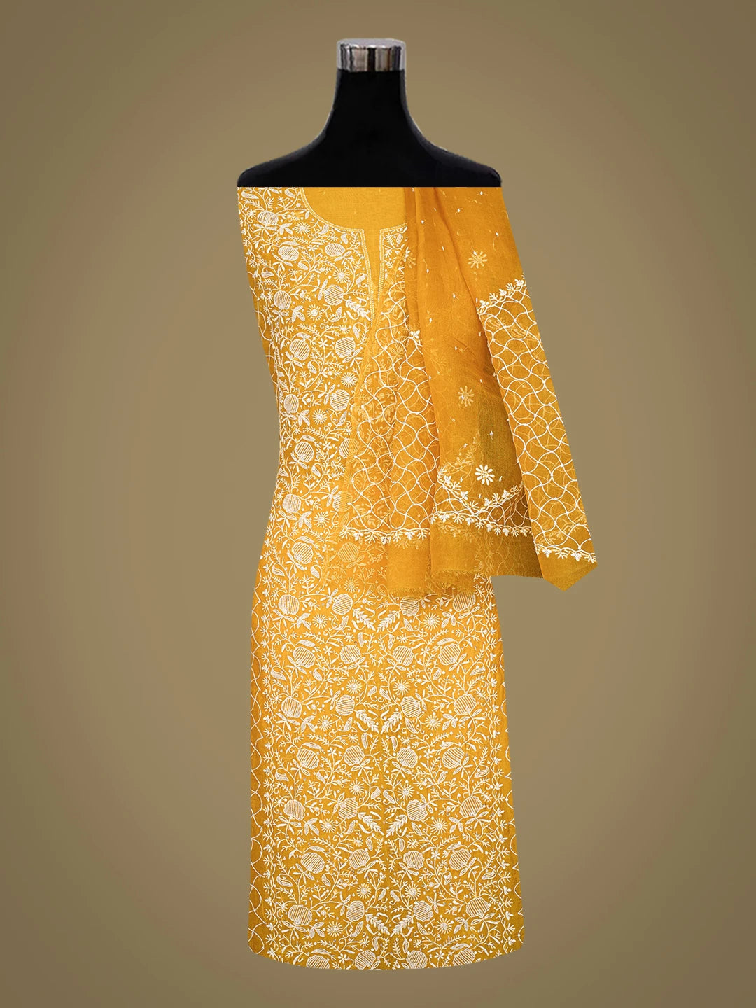 Ada Hand Embroidered Mustard Organza Lucknowi Chikankari Unstitched Kurta Dupatta Set With Sequinned Work 01A751643