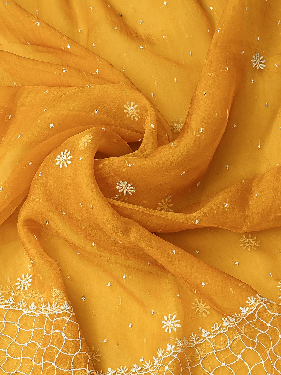 Ada Hand Embroidered Mustard Organza Lucknowi Chikankari Unstitched Kurta Dupatta Set With Sequinned Work 01A751643
