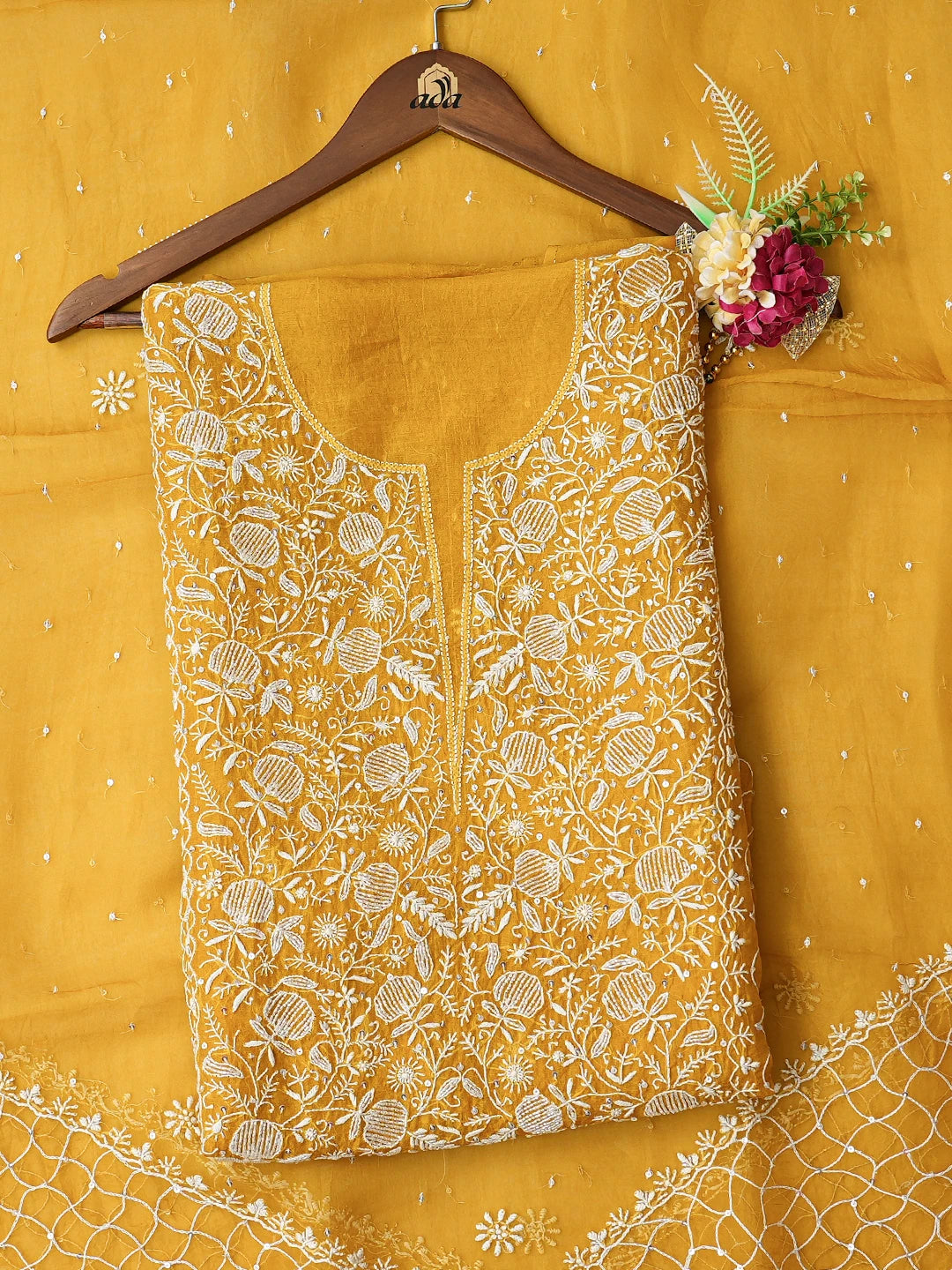 Ada Hand Embroidered Mustard Organza Lucknowi Chikankari Unstitched Kurta Dupatta Set With Sequinned Work 01A751643