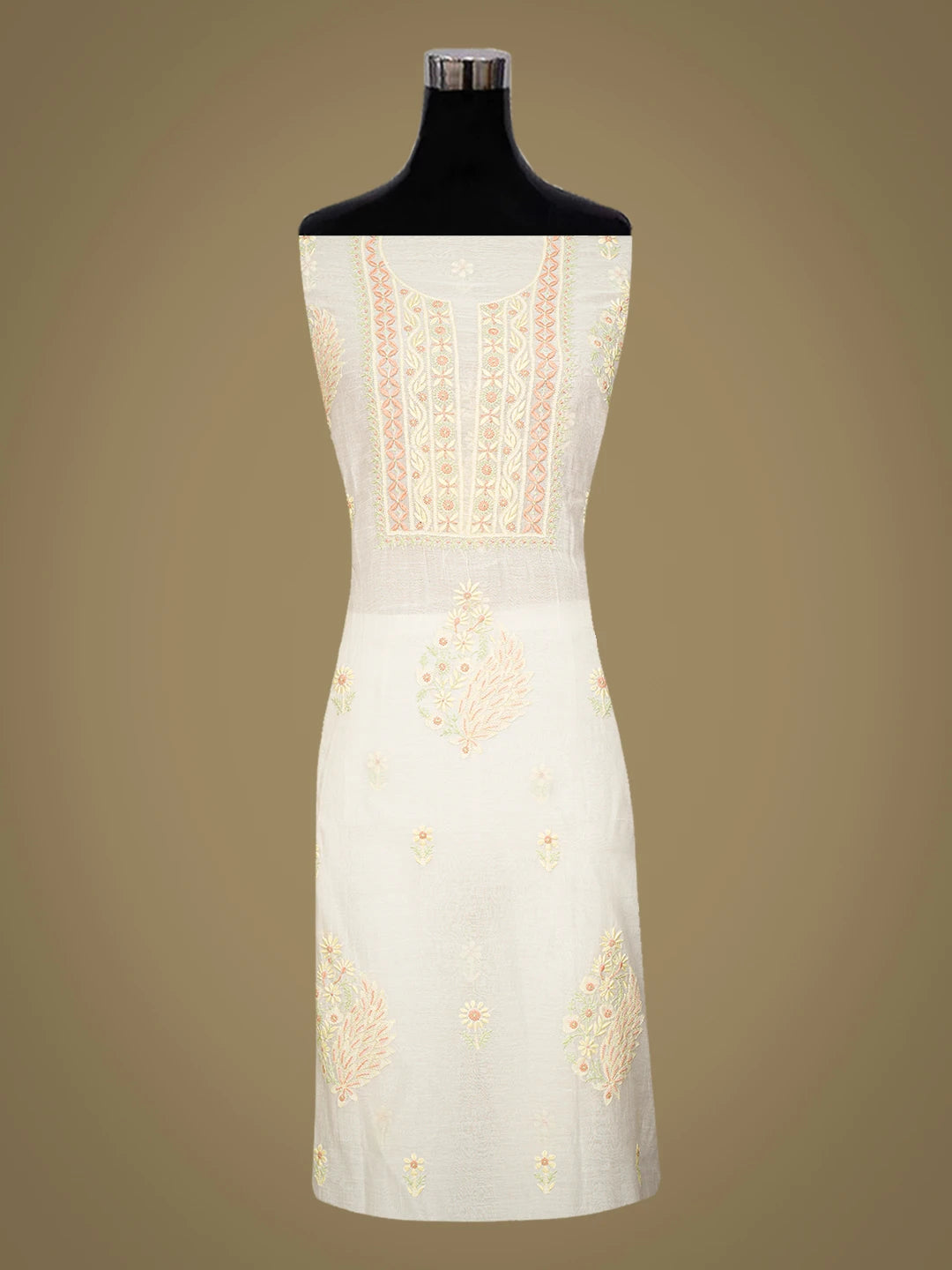 Ada Hand Embroidered White Chanderi Lucknowi Chikankari Unstitched Kurta Dupatta Set 01A744320