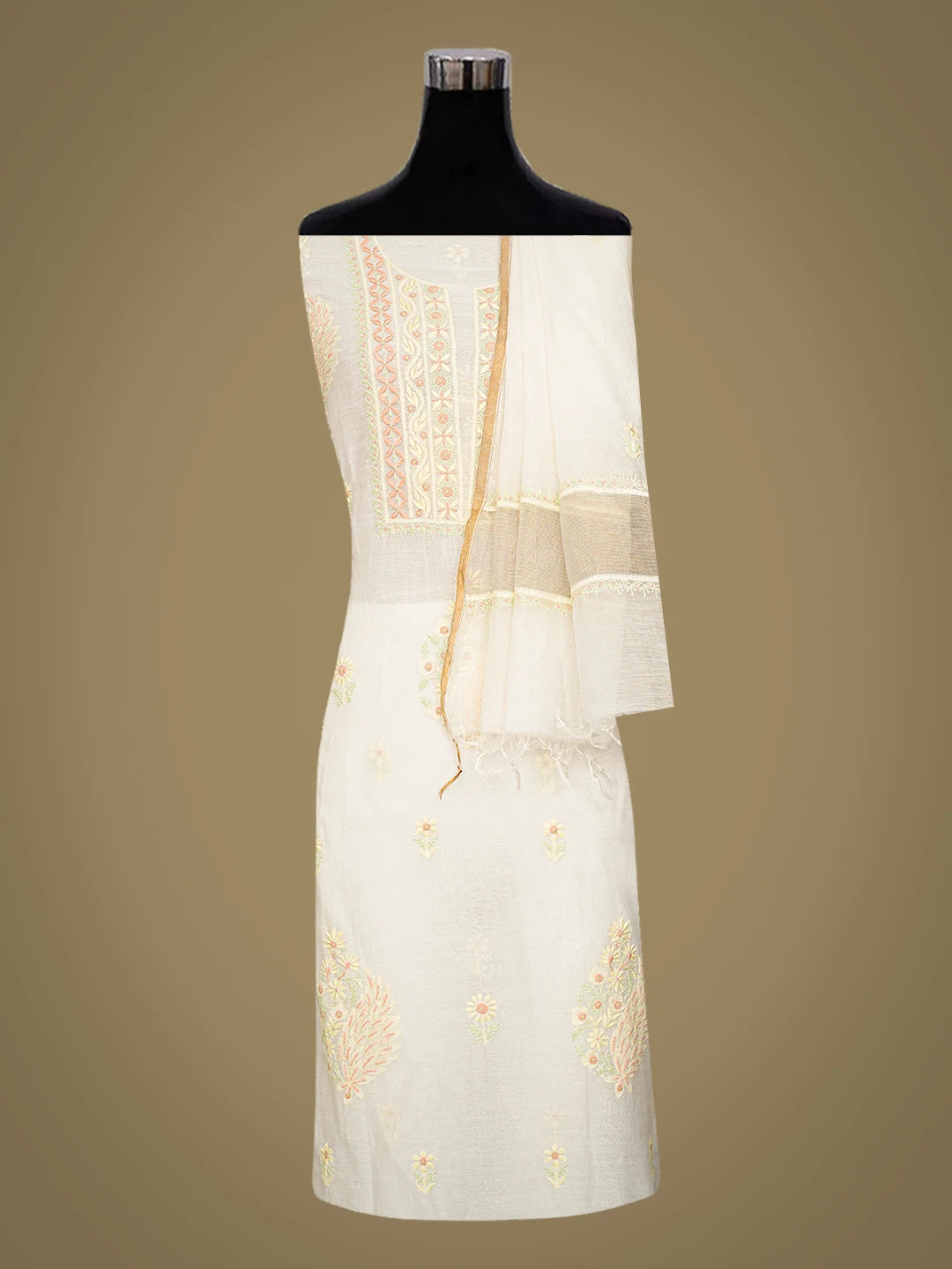 Ada Hand Embroidered White Chanderi Lucknowi Chikankari Unstitched Kurta Dupatta Set 01A744320