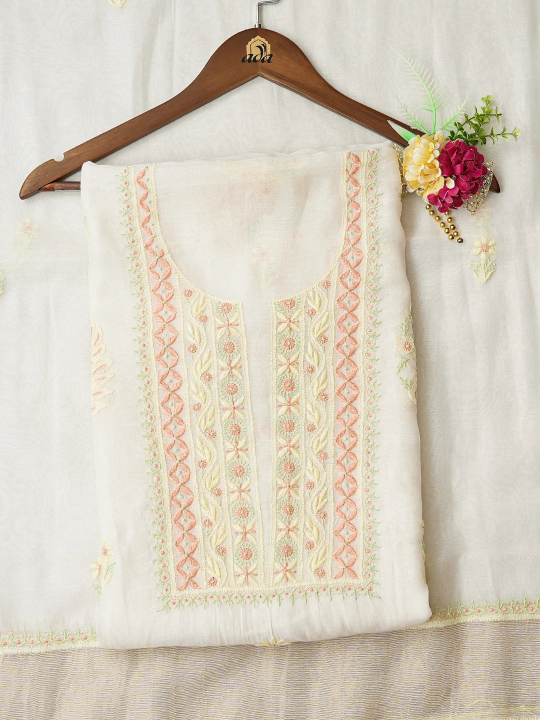 Ada Hand Embroidered White Chanderi Lucknowi Chikankari Unstitched Kurta Dupatta Set 01A744320