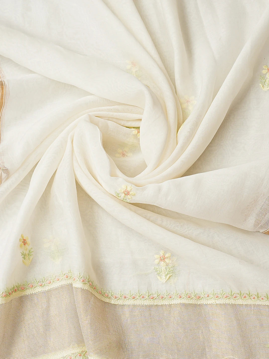 Ada Hand Embroidered White Chanderi Lucknowi Chikankari Unstitched Kurta Dupatta Set 01A744320