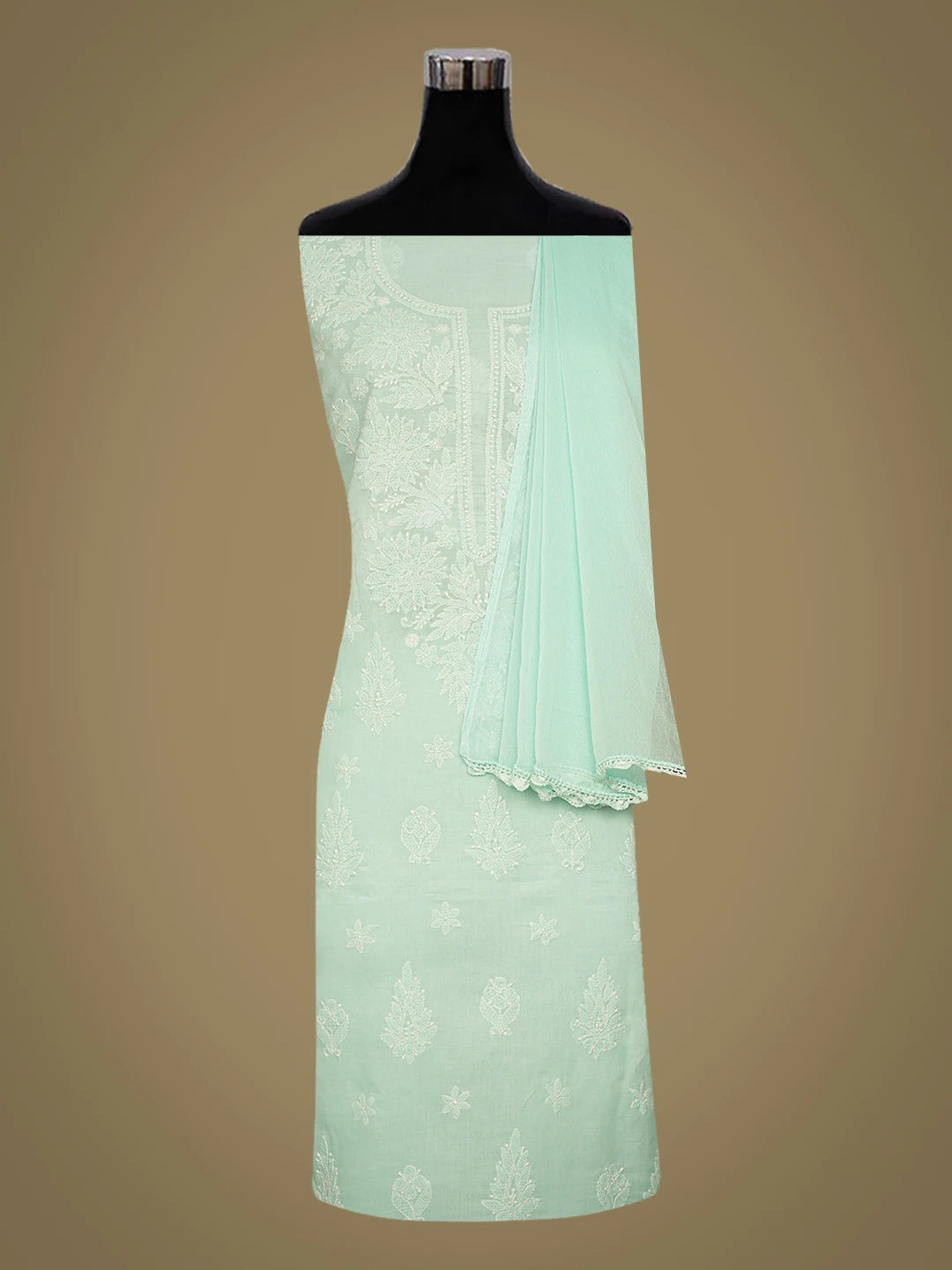 Ada Hand Embroidered Sea Green Cotton Lucknowi Chikankari Unstitched Suit Piece 01A787329