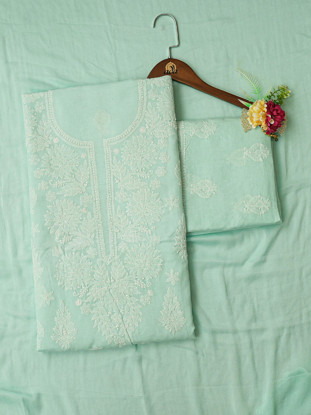 Ada Hand Embroidered Sea Green Cotton Lucknowi Chikankari Unstitched Suit Piece 01A787329