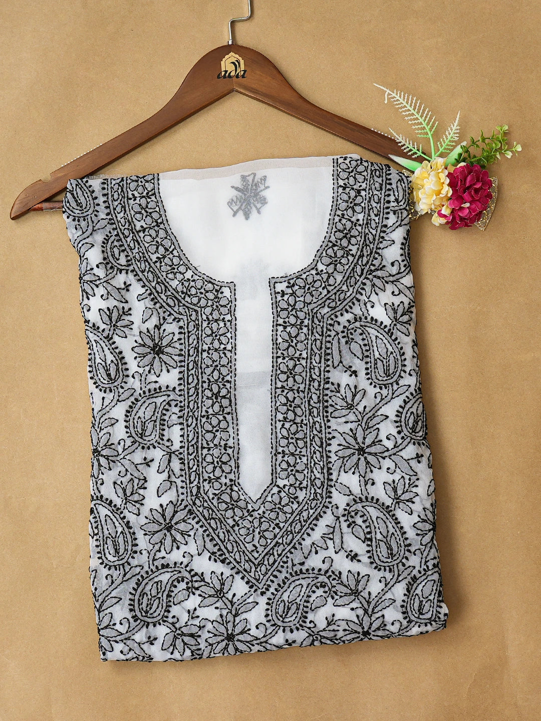Ada Hand Embroidered White Georgette Lucknowi Chikankari Unstitched Kurta Piece 01A779375