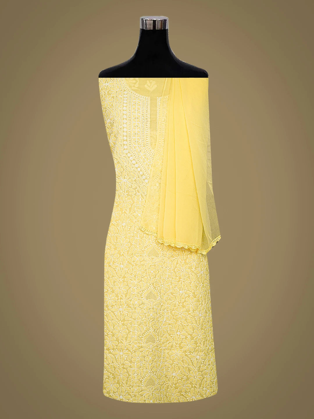 Ada Hand Embroidered Yellow Cotton Lucknowi Chikankari Unstitched Suit Piece 01A787437