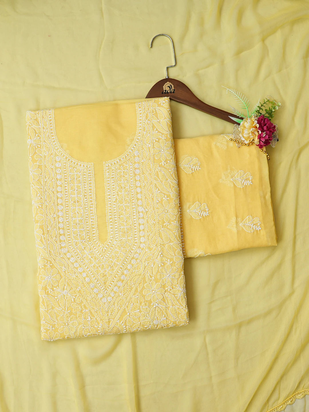 Ada Hand Embroidered Yellow Cotton Lucknowi Chikankari Unstitched Suit Piece 01A787437