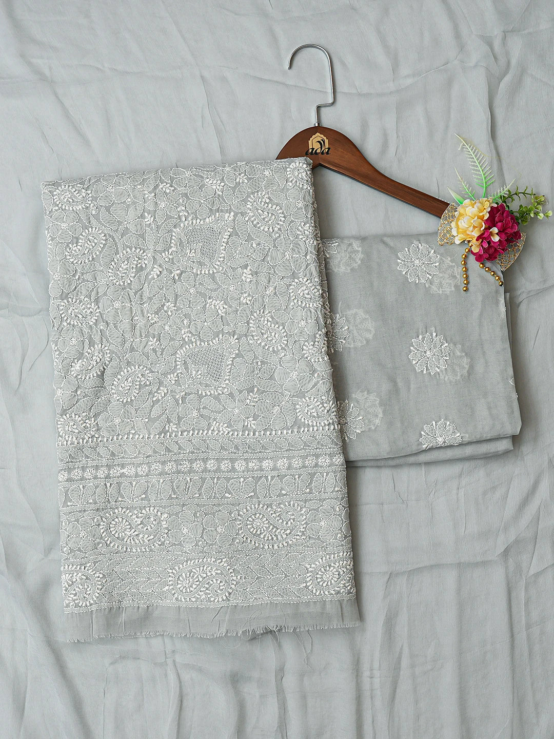 Ada Hand Embroidered Grey Cotton Lucknowi Chikankari Unstitched Suit Piece 01A787438