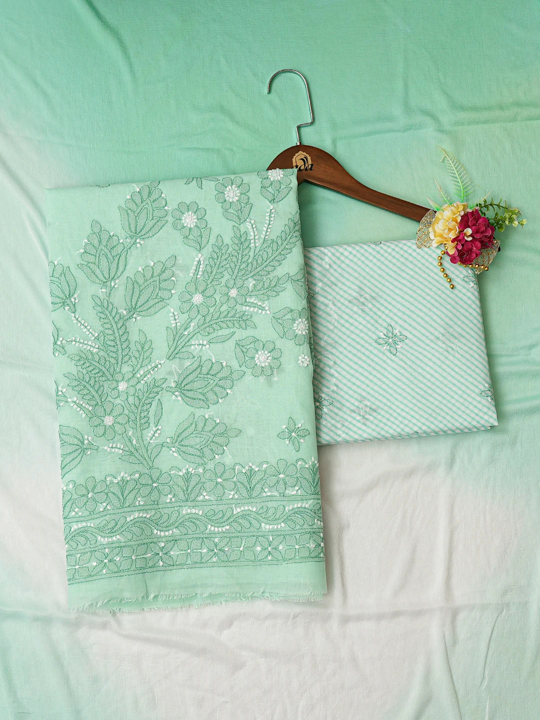 Ada Hand Embroidered Sea Green Cotton Lucknowi Chikankari Unstitched Suit Piece 01A786695