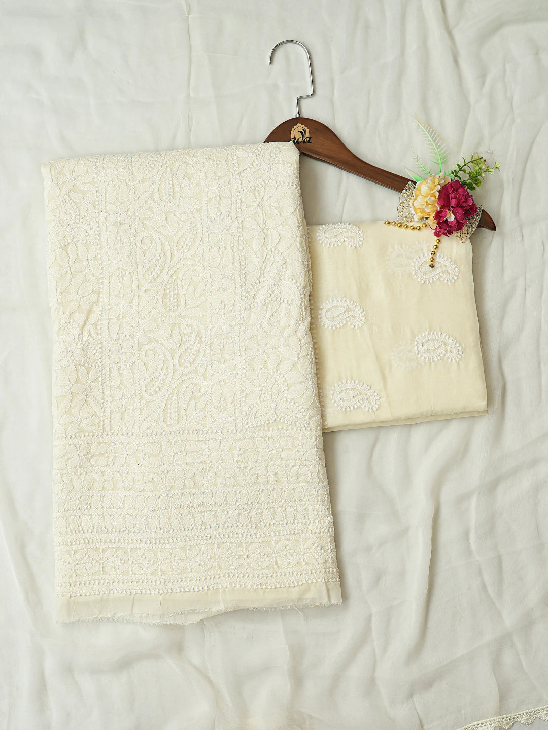 Ada Hand Embroidered Cream Cotton Lucknowi Chikankari Unstitched Suit Piece 01A787430