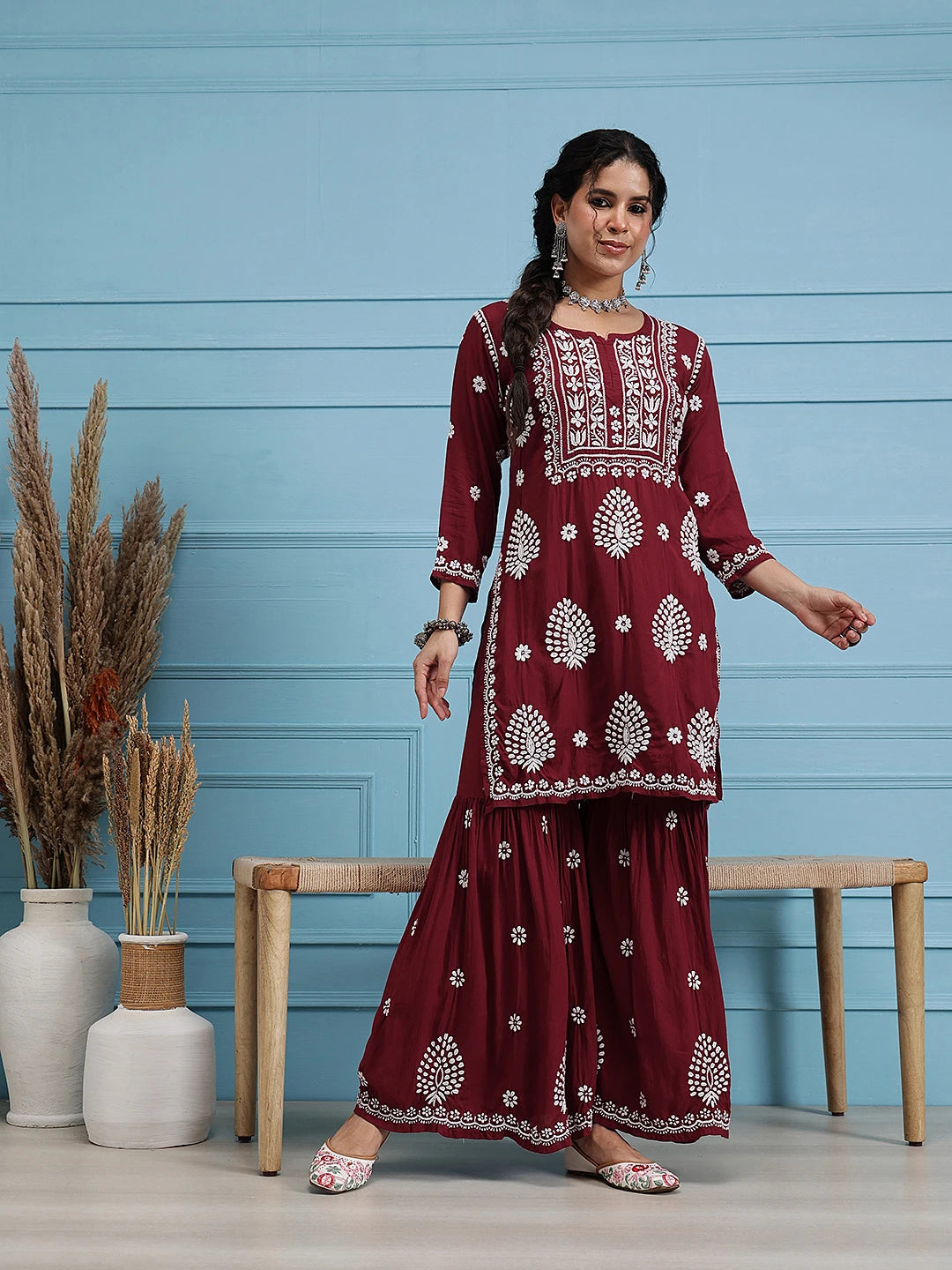 Ada Hand Embroidered Maroon Modal Lucknowi Chikankari Garara Set A811321