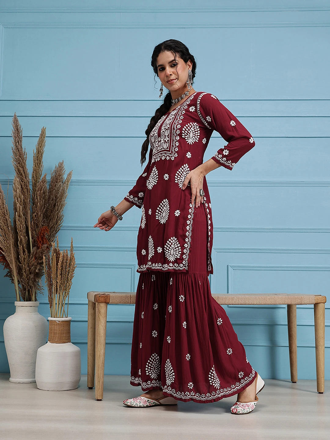 Ada Hand Embroidered Maroon Modal Lucknowi Chikankari Garara Set A811321