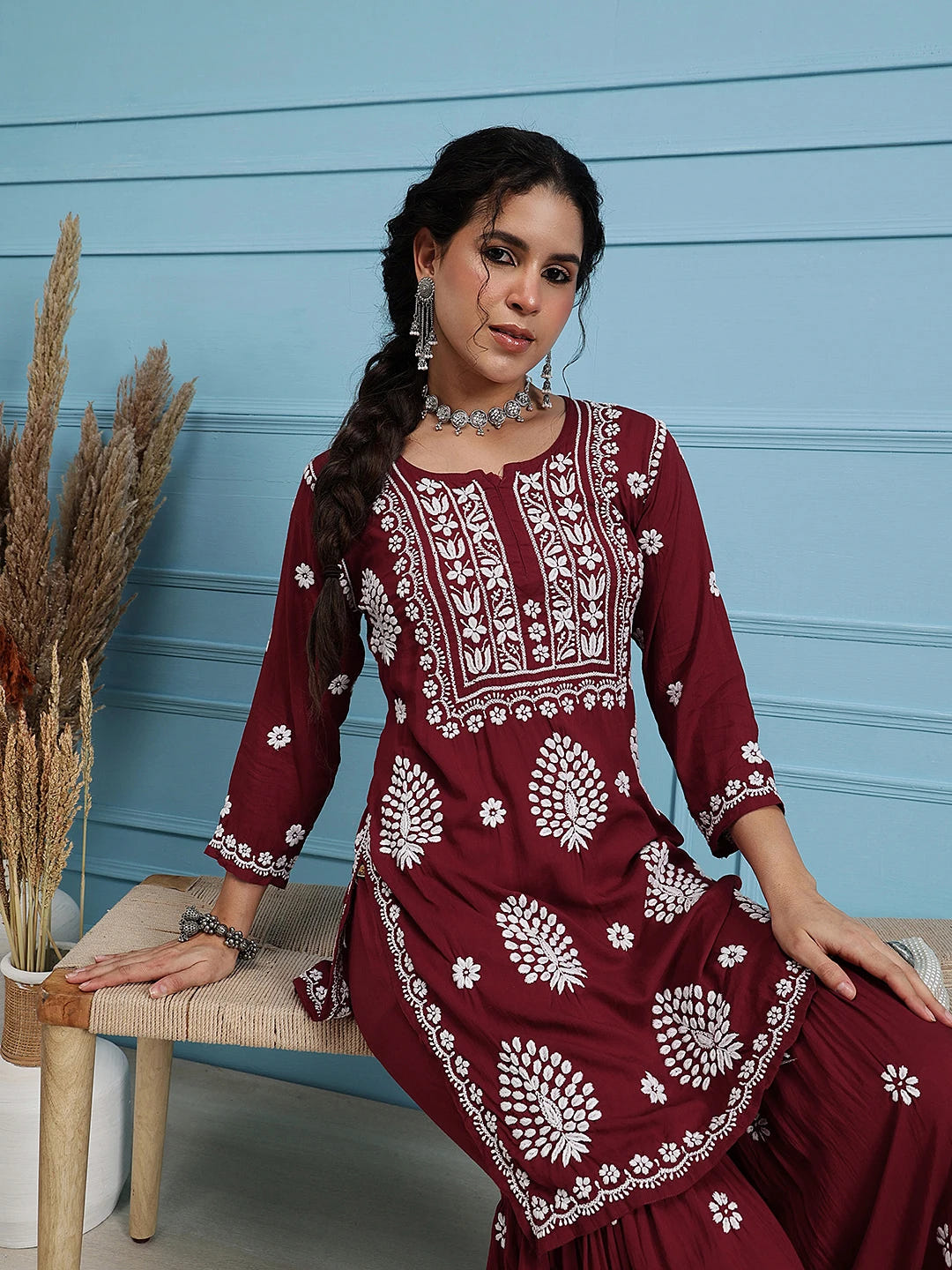 Ada Hand Embroidered Maroon Modal Lucknowi Chikankari Garara Set A811321