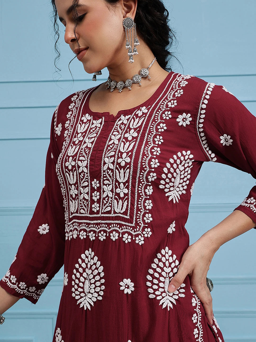Ada Hand Embroidered Maroon Modal Lucknowi Chikankari Garara Set A811321