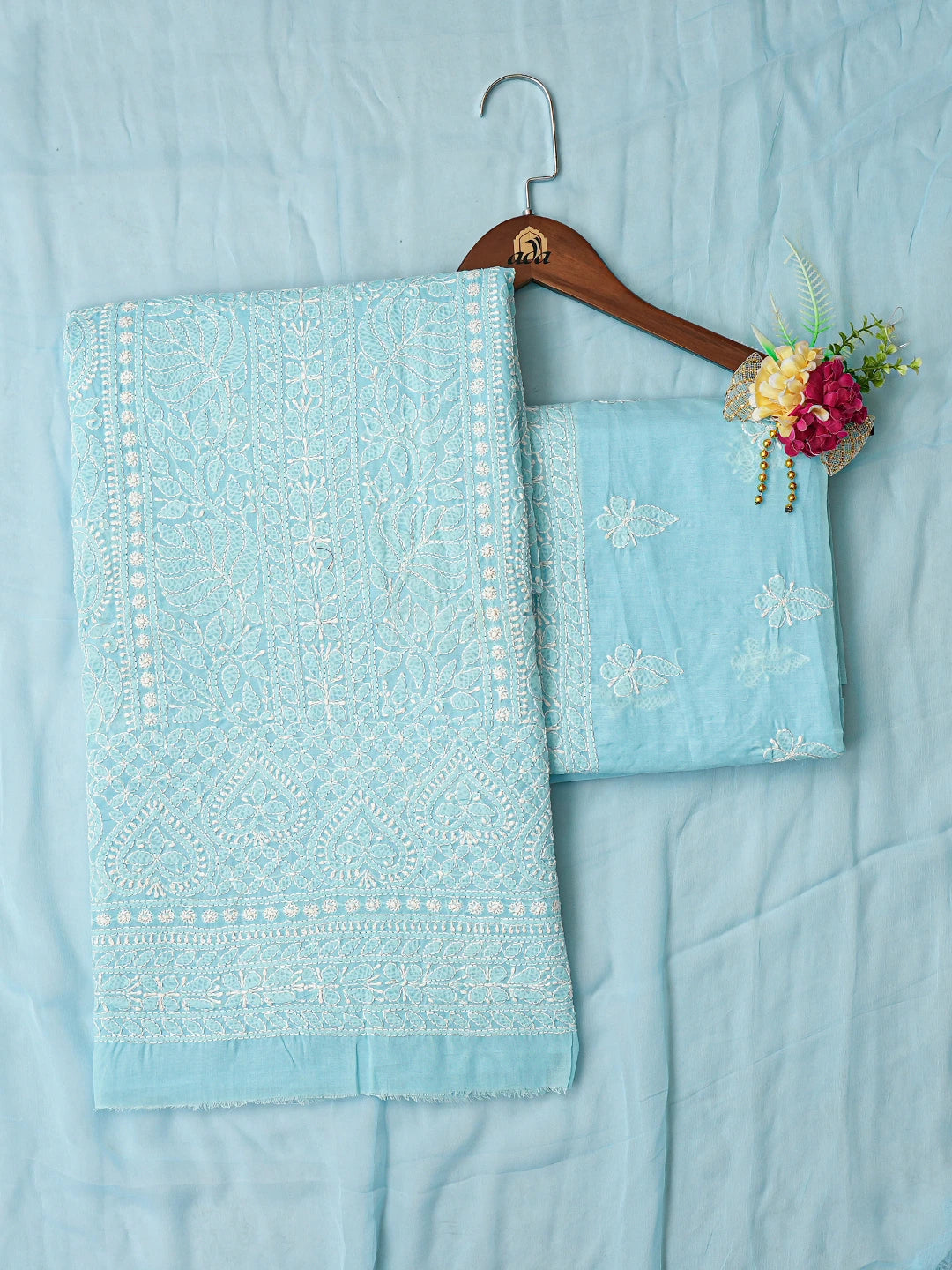 Ada Hand Embroidered Blue Cotton Lucknowi Chikankari Unstitched Suit Piece 01A787432