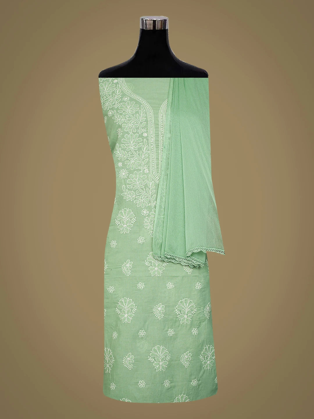 Ada Hand Embroidered Green Cotton Lucknowi Chikankari Unstitched Suit Piece 01A787369