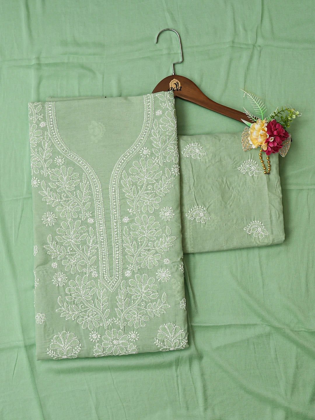 Ada Hand Embroidered Green Cotton Lucknowi Chikankari Unstitched Suit Piece 01A787369