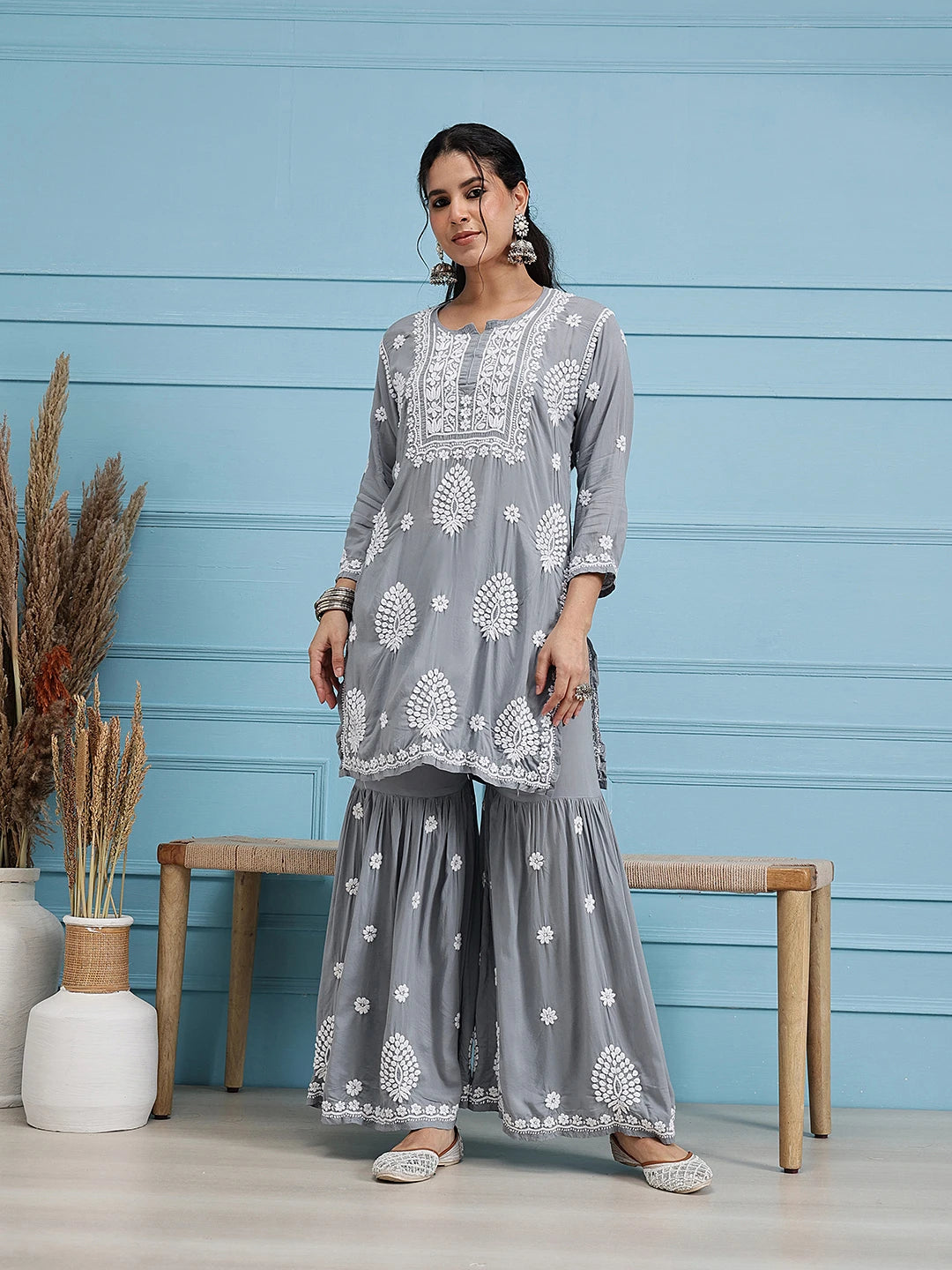 Ada Hand Embroidered Grey Modal Lucknowi Chikankari Garara Set A811324
