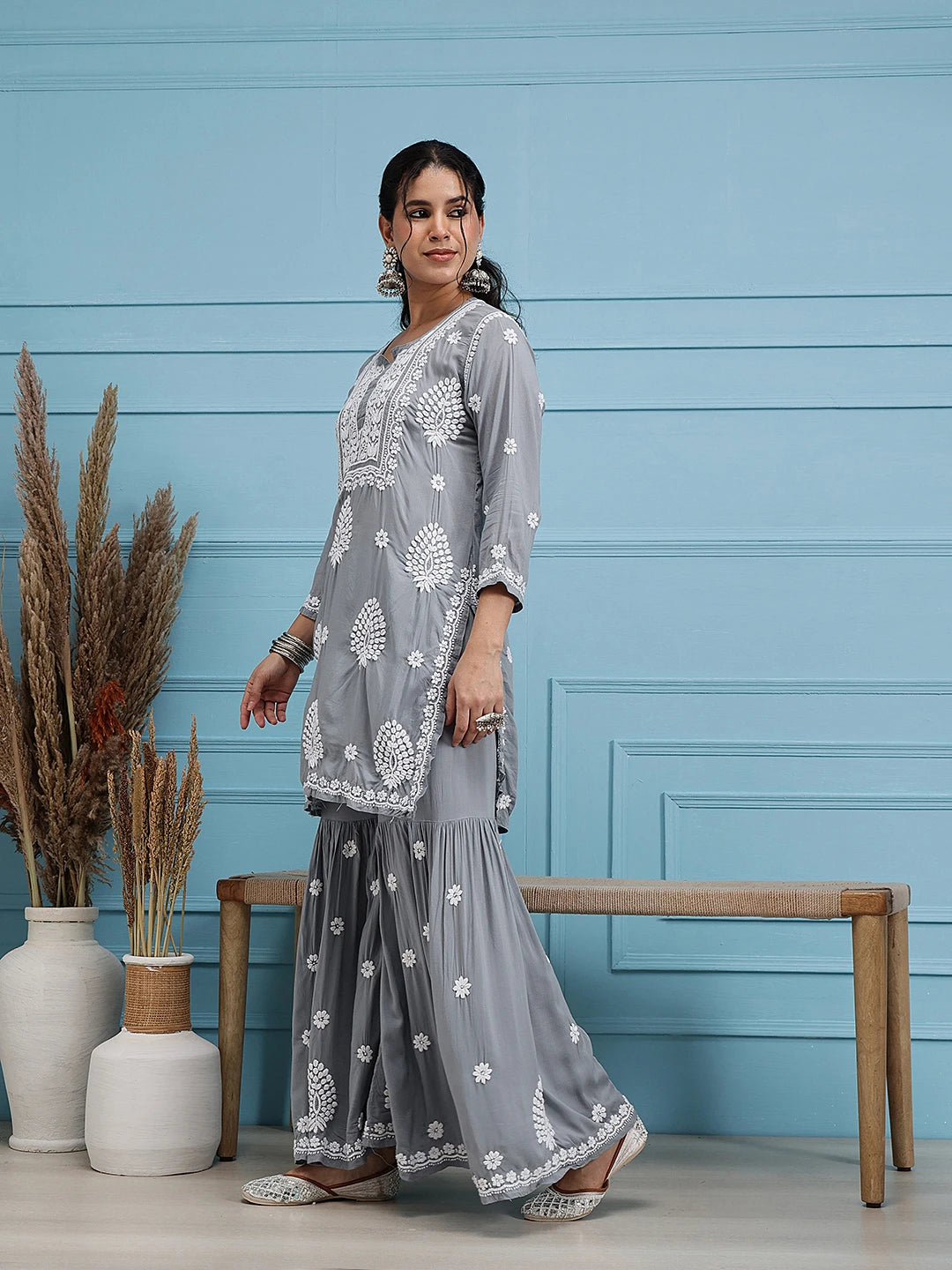 Ada Hand Embroidered Grey Modal Lucknowi Chikankari Garara Set A811324