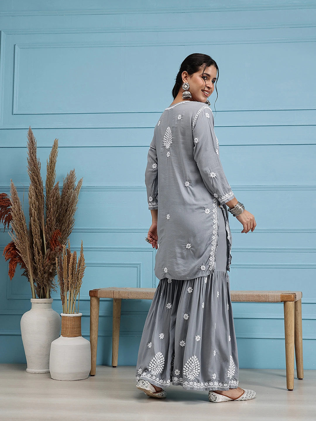 Ada Hand Embroidered Grey Modal Lucknowi Chikankari Garara Set A811324