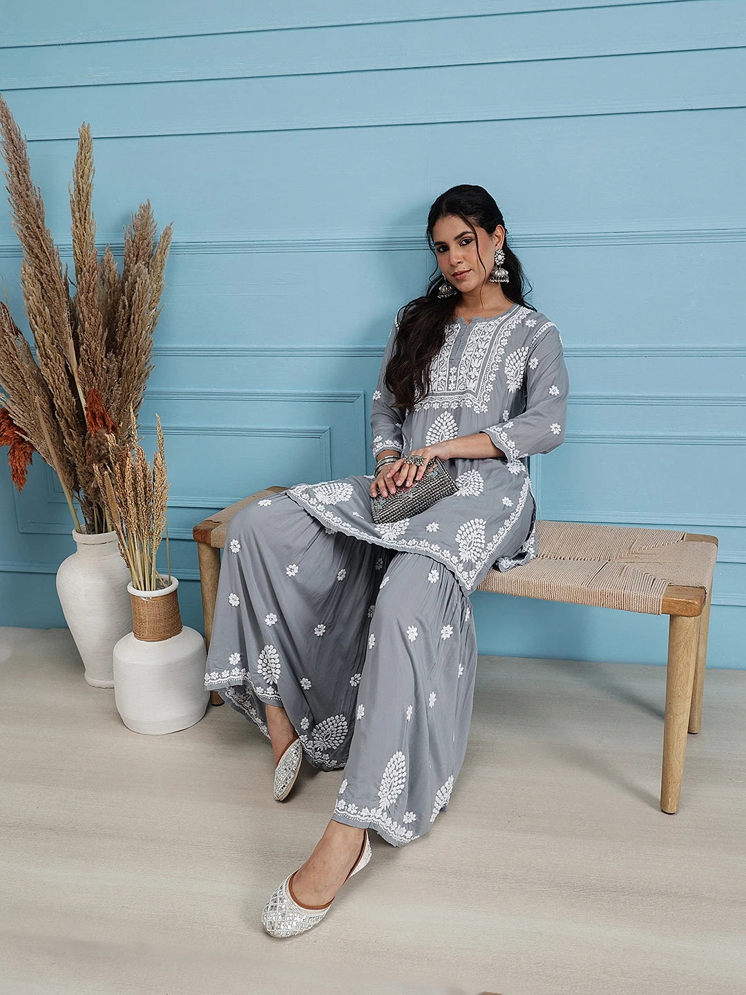 Ada Hand Embroidered Grey Modal Lucknowi Chikankari Garara Set A811324