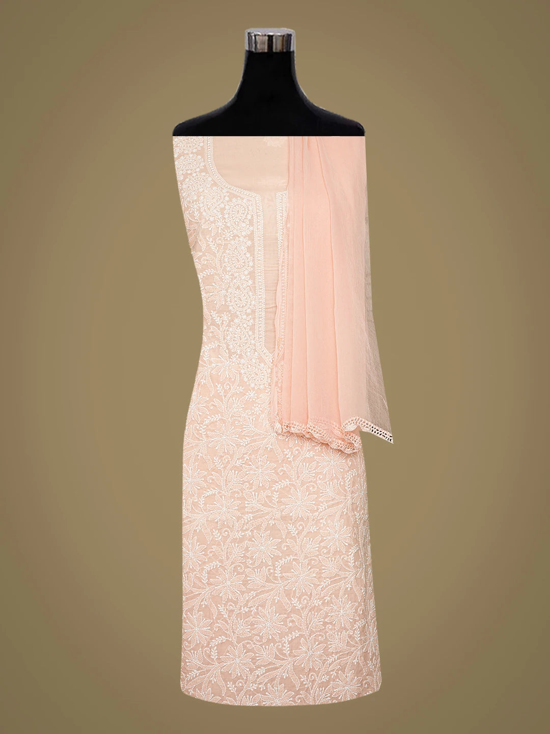 Ada Hand Embroidered Peach Cotton Lucknowi Chikankari Unstitched Suit Piece 01A782883