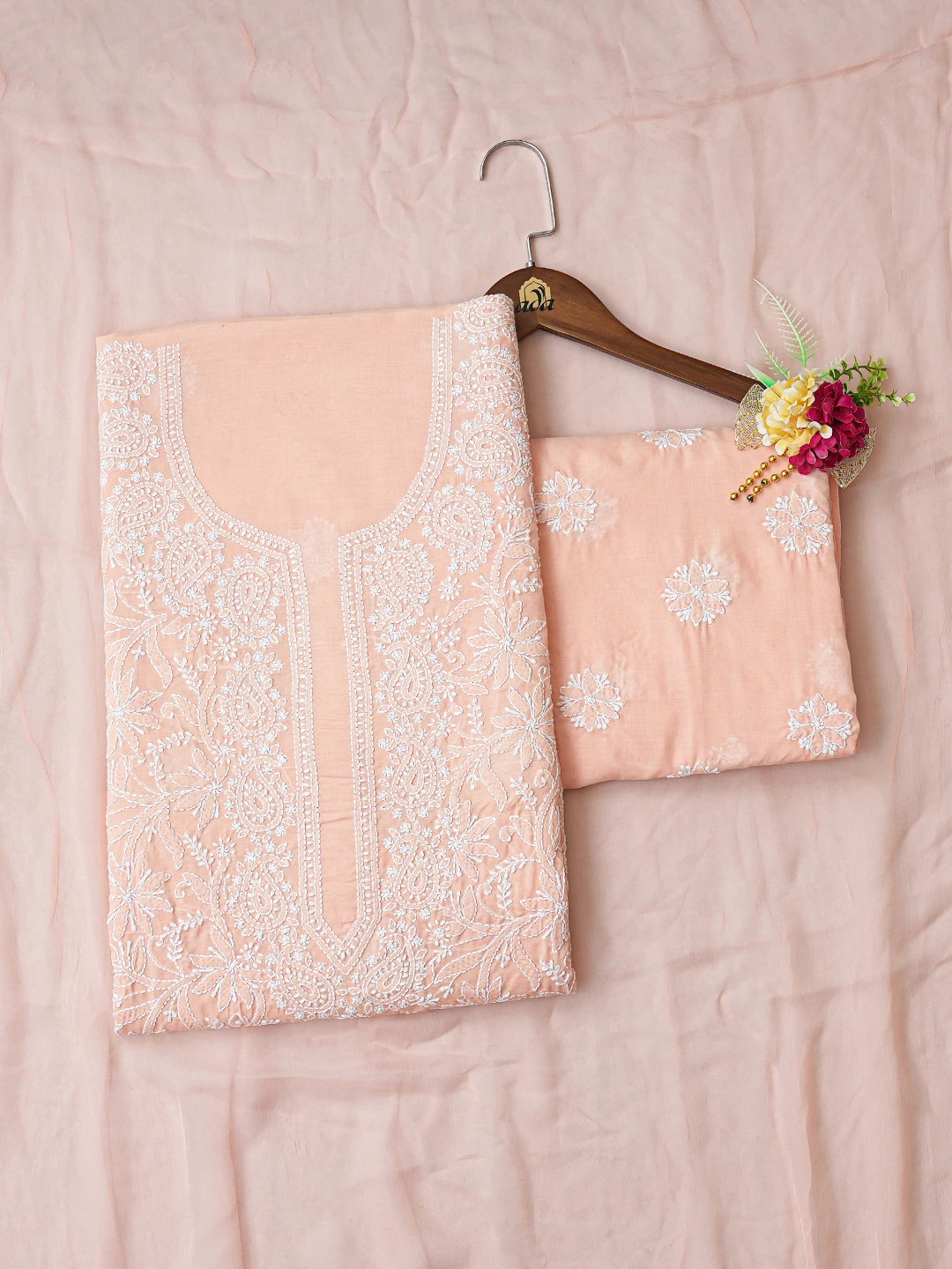 Ada Hand Embroidered Peach Cotton Lucknowi Chikankari Unstitched Suit Piece 01A782883