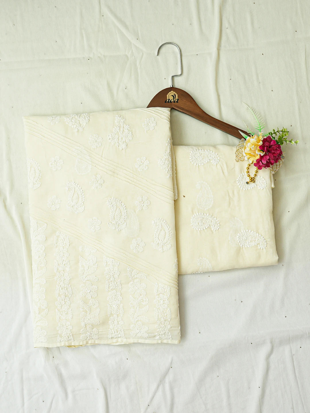 Ada Hand Embroidered Lemon Cotton Lucknowi Chikankari Unstitched Suit Piece With Mukaish Work 01A735959